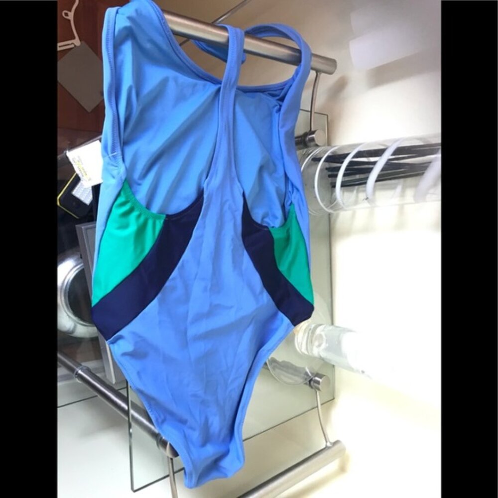 AERIE NEW Swim Suite Racerback Swimming One Piece Stretch Colour Block Blue XL - Picture 3 of 9